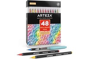 ARTEZA Real Brush Pens with Flexible Nylon Tips, 48 Paint Markers for Watercolour Painting, Colouring, Calligraphy and Drawing, Water Brush included