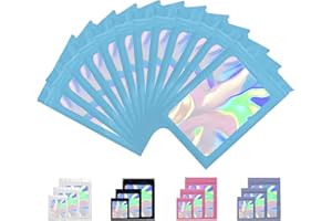 Rimiko 50 Piezas de Bolsa Aluminio Resellable, Bolsa Mylar Hermética para Alimentos, Bolsas Planas Ziplock con Ventana Transparente para el Embalaje de Productos (Azul y Holográfico, 7x10cm)