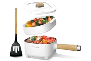 ‎AUDECOOK Audecook Elektrischer Hot Pot mit Dampfgarer, 2L/20cm Antihaft Elektropfanne mit Keramikglasur, Tragbarer Multikocher für Ramen, Steak, Ei, Haferflocken, Suppe, 350W/800W (Weiß)