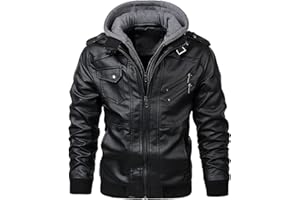Hebezn Men's Aviator Real Leather Jacket Coat With A Removable Hood Winter Warm Casual Motorcycle Bomber Coat