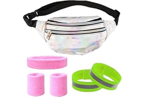 KDUH Sac Banane Femme Argent Brillant 6 Pièces Ensemble 80's, 90's Sac Banane Femme et 80's Bandeau Ensemble et 2 Pièces Bandes de Poignet Réfléchissantes pour Costume Mardi Gras Sport Voyage en Plein Air