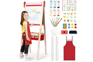 ‎KIDINIX Kinderstaffelei 3-1, magnetische Kinder Kreidetafel & Whiteboard, Großer Stauraum mit Leinentasche, Staffelei Kinder, Kreide, Pinseln, Zahlen-Buchstaben-Magneten, Schürze, Geschenk für Kinder, Rot