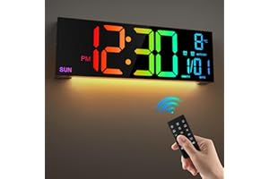 HAITANG 16.5'' Large Digital Wall Clock with Remote Control, Big LED/Dual Alarm/8 RGB Colors/Auto Brightness/Date/Auto DST/Temperature/Night Light Gym Clocks for Living Room Bedroom Office Wall Decor