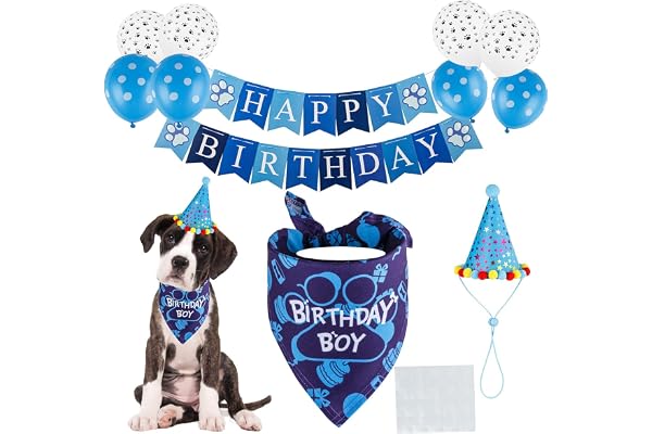 13Pcs Dog Hat, Dog Birthday Decorations, Gifts for Dogs Party Set Blue Cap, Bandana, Bow Tie & Number Badge, Soft Cotton, Fits Pup to Large Pooch
