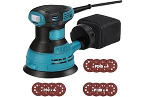 PAT JUUMG Random Orbital Sander,200W 12000RPM Electric Sander,125mm Sanding Discs,6 Variable Speeds,12Pcs Sandpaper(P80/P120/P240),with Dust Collector,Ideal for Home Improvement,Wood Sanding,Polishing (Blue)
