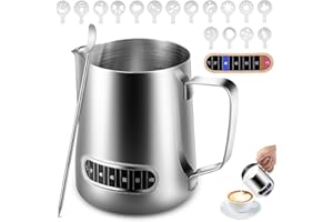 Anpro Milk Frothing Pitcher,350 ml/12 oz 304 Stainless Steel Milk Pitcher with Thermometer,Latte Decorating Art Pen and 16 Pcs Coffee Stencils,Metal Barista Accessories for Coffee,Latte & Cappuccino