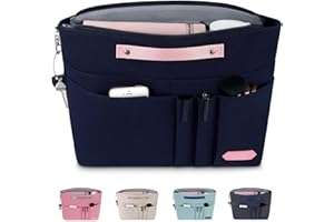 HyFanStr Bag Organizer for Handbags,Tote Bag Organizer Insert Zipper Bag for Women, Handbag Organizer Inside Liner with 15 Pockets, Navy, L