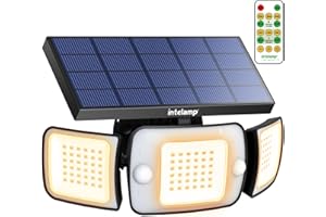 INTELAMP Lampada Solare da Esterno 3300K Giallo Caldo, 6000mAh 1200LM Faro Led Esterno con Pannello Solare con Sensore di Movimento, 108LED Faretti per Esterni con Telecomando Impermeabile