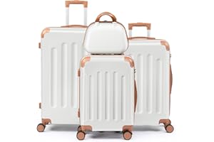 LEADZM Kofferset 4 teilig Hartschale, Koffer Set aus ABS, Reisekoffer mit Rollen Groß, Hartschalenkoffer Set, Koffer & Trolleys mit Kosmetikkoffer (Beige-Braun)