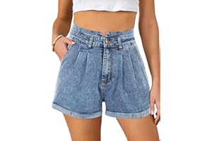 JASAMBAC Women's High Waisted Denim Shorts Rolled Hem Wide Leg Casual Jean Shorts with Pockets