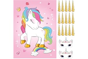 ASTARON Pin The Horn on The Unicorn Birthday Game with 30 Horns for Unicorn Party Supplies Favors Girls Rainbow Party Decorations, Pin The Tail Game for Christmas