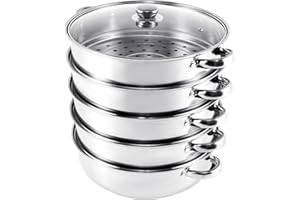 KayEsampra Dampfgarer aus Edelstahl, mit Glasdeckel, 5 Etagen, 30 cm, Kochgeschirr, Kochtopf, Induktionskochfeld, Dampfgarer für Knödel, Silber