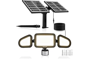 MEIKEE Luz Solar Exterior con Sensor de Movimiento, 180 LED Focos Led Exterior Solares, 2 Modos, 3 Color, IP66, Cable de 5m, Rango de Radiación de 270°, 5000mAh Iluminación para Jardín Camino Garaje