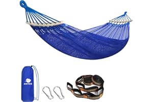 Anyoo Hamak siatkowy z prętami rozporowymi, oddychająca siatka chłodząca, hamak z pasami na drzewo, do użytku na zewnątrz/wewnątrz ogrodu, na balkon, patio, podwórko, kemping