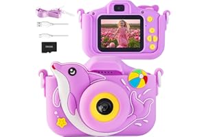 POSO Macchina Fotografica Bambini, 2.0 Pollici Fotocamera Digitale Bambini con 32GB Scheda,1080P HD Selfie Videocamera, Delfino Regalo Giocattolo di Natale &Compleanno per Ragazze Ragazzi 3-10 Anni