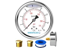 HANSFELDS Manomètre Hansfeld 0–16 bar/psi, cadran 63 mm, rempli de liquide, montage arrière BSP 1/4 pouce, intérieur et montage en laiton, précision 1,6, inclut 2 réducteurs vers 3/8" et 1/2".