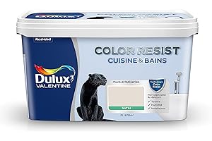 Dulux Valentine Color Resist - Peinture Intérieure Pièces Humides - Pour Murs, Plafonds, Boiseries - Lessivable et Résistante - Couleur : Lin Clair Satin - 2 L - 5262072