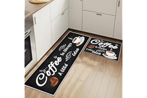 ‎HSGLGNA HSGLGNA Küchenteppiche Rutschfestes Küchenmatten 2 Stück, Waschbar Küche Bodenmatte Küchenmatten Set Mit Schiebeaufkleber,Komfort Pflegeleicht Für Küche Staubdicht Fußmatte (Koffein, 43x75+43x150cm)