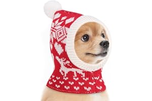 Pawaboo Weihnachtsmütze für Hunde, Lustige Gestrickte Weihnachtsmütze mit Bommel, Gehäkelte Snood-Wintermütze mit Ohrenklappen, Halswärmer-Kapuze für Mittelgroße Hunde, S, Weihnachtshirsch Rot
