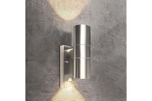 EXTRASTAR Outdoor Wall Lights PIR Motion Sensor, GU10 Base Double Up Down Exterior Wall Sconce, IP44 Stainless Steel Outdoor Wall Light for Garden, Patio, Balcony, Porch, Garage（Bulb not Included）