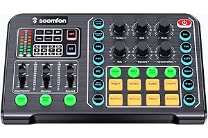 Tarjeta de Sonido Externa USB - SOOMFON Mesa de Mezclas DJ con Efectos de Mezclador de DJ y Cambiador de Voz, 6H de Duración de Batería, Tarjeta de Sonido Externa Profesional para Transmisión en Vivo