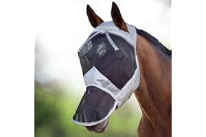 Harrison Howard CareMaster Midge-Proof Fleece Polsterung Pferde Fliegenmaske UV-Schutz ohne Ohren mit Nasenschutz Silber/Schwarz Warmblut (L)