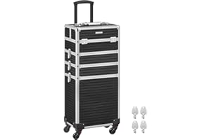 SONGMICS Kosmetikkoffer, Trolley, 4-in-1 Schminkkoffer, extra groß, Friseurkoffer, 34 x 24 x 79,3 cm, abschließbar, Make-up Koffer, 360° drehbare Rollen, für Reisen, Geschenkidee, schwarz JHZ015B01