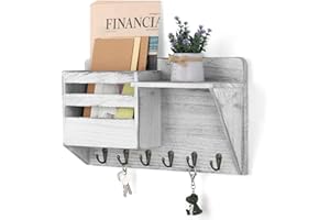 Shinoske Colgador llaves, Revistero Pared Madera Cuelga Llaves con estante, organizador llaves con 6 ganchos para llaves, cartas, periódicos - gris blanco