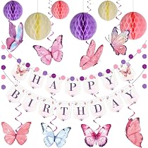 TIESOME Verjaardagsdecoratieset – Paars-roze Met Happy Birthday-banner, Vlinders En Slinger – Klaar Om Op Te Hangen, Geen Gedoe
