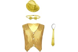 inhzoy Enfant Bébé Garçon Fille Gilet Paillette avec Chapeau Sequins Brillant Costume Danse Moderne Jazz Vest Danse Hip-hop Déguisement Disco Performance 9 Mois -18 Ans