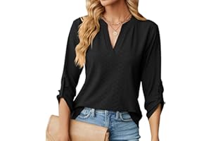 HEERSAN Chemisier élégant à Col en V pour Femme Chic Chemisier Ample à Manches Enroulables à 3/4 Manches Longues Lâches Hauts Tuniques de Base T-Shirt Blouses(S-XXL)