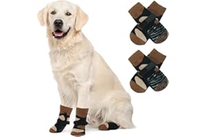 MHaustlie Calcetines antideslizantes para perros, 4 unidades, para interiores, antideslizantes, con banda de fijación ajustable, calcetines para perros pequeños, medianos y grandes (M, marrón)