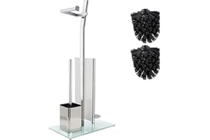 SMARTPEAS WC-Garnitur Mit Rollenhalter - Glänzendes Chrom – Toilettenpapierhalter Ohne Bohren Aus Gebürstetem Edelstahl – Fuß Aus Glas – 32X20X70 cm – Einfache Montage – 1 und 2 WC Bürste Zum Austauschen