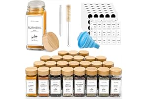 Yibaodan 25 Spice Jars with Labels And Bamboo Lids, 4OZ , Glass Spice Containers with Shaker xLids Seasoning Jars Bottles with 120 Labels for Spice Rack Cabinet Drawer