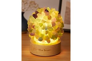 Nice Dream Lampada in fluorite con base in legno, lampada in pietra di fluorite arcobaleno, cristallo curativo fluorite chakra luce notturna, sollievo dallo stress, regalo per la festa della mamma