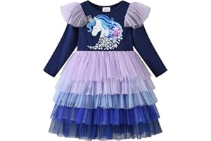 DXTON Le Ragazze Vestono Abiti da Festa Casual a Maniche Lunghe in Tulle con Principessa Unicorno 2-8 Anni