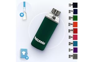 Velesas® Trinkflasche 1l | 500ml mit Schutzhülle | Glasflasche 500ml spülmaschinenfest mit Neoprenhülle und Edelstahldeckel | Wasserflasche für Schule, Arbeit, Fitnesssport, BPA-Frei | Grün