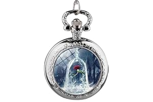 DESIGNER INSPIRATIONS BOUTIQUE Beauty & The Beast Flower Rose Design Polished Silver Retro/Vintage Case Women's Quartz Pocket Watch Necklace - On 32" Inch / 80cm Chain