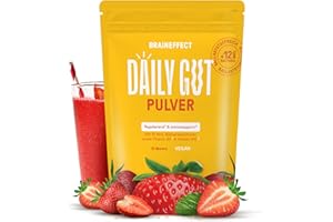 ‎BRAINEFFECT BRAINEFFECT DAILY GUT – Leckeres Probiotika Getränkepulver mit Ballaststoffen und Vitamine B6 + B12, Milchsäurebakterien zur Unterstützung des Darms, Erdbeergeschmack – 240 Gramm