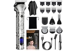 Gabrella Hair Clippers Beard Trimmer for Men, Professional Hair Clipper Trimmer USB-C Zero Gapped T-Blade Trimmer Electric Shaver Razor Nose Body Trimmer for Men Cordless Grooming Kit 6 in 1