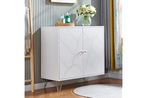 URKITD White Wood Sideboard Cabinet Unit, 2 Doors Storage Credenza with Unique Golden Groove Front Door, Living Room Cupboard Organizer Stand Unit, Buffet Server Console with Storage Home Office Furniture