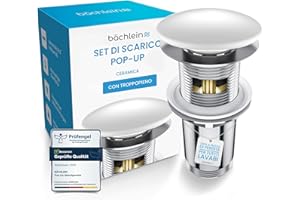 Bächlein Tubo di scarico universale con troppopieno (ceramica), valvola pop up per lavabo e lavandino, in ottone, con istruzioni di montaggio (lingua italiana non garantita)