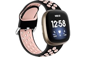 Dirrelo Bracelet Compatible avec Fitbit Versa 4 Bracelet/Fitbit Versa 3 Bracelet/Fitbit Sense Bracelet/Fitbit Sense 2 Bracelet Femme Homme, Sport Respirant Silicone Étanche Remplacement, Noir/Rose L