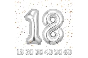 PARTYHAUSY Ballons Anniversaire 18 Argent - 100cm - Ballon Chiffre 18 Numéro 18 - Happy Birthday Decoration Ballons Fête d'anniversaire Ans Vole Grâce à l'Hèlium 18
