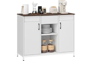 HOMCOM Aparador de 2 Puertas con Orificios, Aparador para Salón con Cajón, Compartimentos Abiertos, Estantes Ajustables, para Cocina, Entrada, Oficina, Blanco, 100x40x80 cm