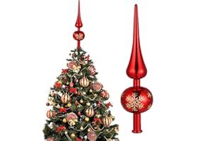 SunAurora Punta de Árbol de Navidad, Topper de Árbol de Navidad de Plástico Roja, Estrella para Copa del Árbol de Navidad con Patrón de Copo de Nieve Dorado Decoración