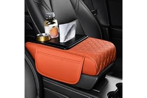 ST SoleMe.Tc Multifunctional Car Armrest Cushion with Cup Holder & Tissue Box & Storage Pocket, 5-In-1 Arm Rest Cover Pad for Car Accessories Interior, Grid, Emma Orange
