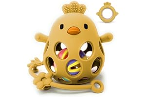 MÜVI - Mordedor bebé sensorial con sonajero y cadena, Mordedor de dentición +3 meses, Silicona alimentaria, suave y sin BPA, Fácil de agarrar y morder, Alivio para encías - Teether (Pack Mango)