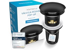 Bächlein Desagüe Universal con Rebosadero para Lavabo & Lavamanos - Válvula Pop Up Automática Negra Mate - Incl. 3 Juntas para Todo Tipo de Lavabos, Válvula de Desagüe - Instalación con Instrucciones