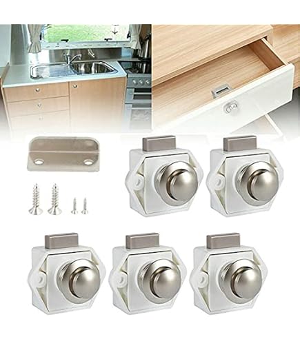 Lot De 5 Serrures à Fermeture Éclair Carrées Métal Avec Bouton Poussoir - Pour Camping-car, Bateau, Caravane - Nickel